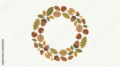 Photos A wreath made of autumn leaves and nuts.