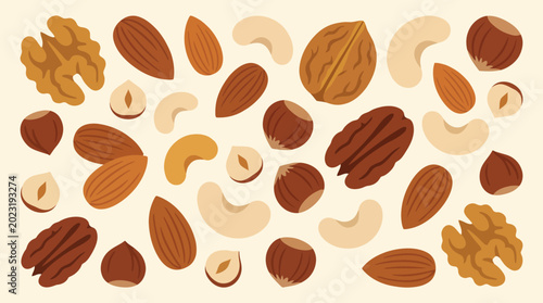 Assorted nuts on a beige background.