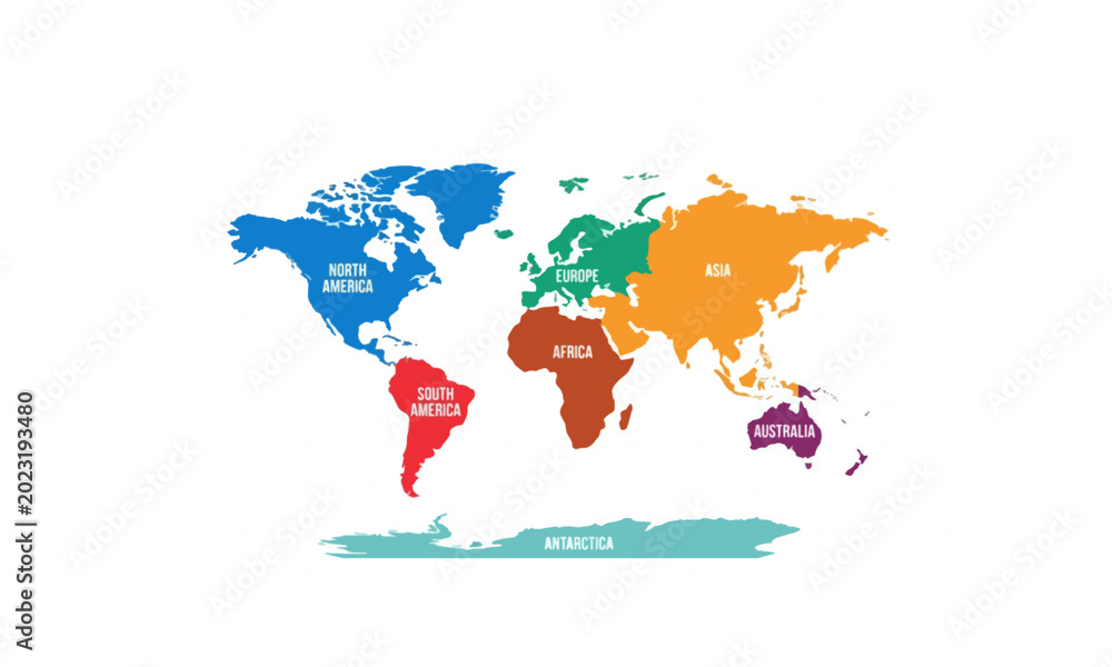 Naklejka premium World Map with Labeled Color Coded Continents on White Background