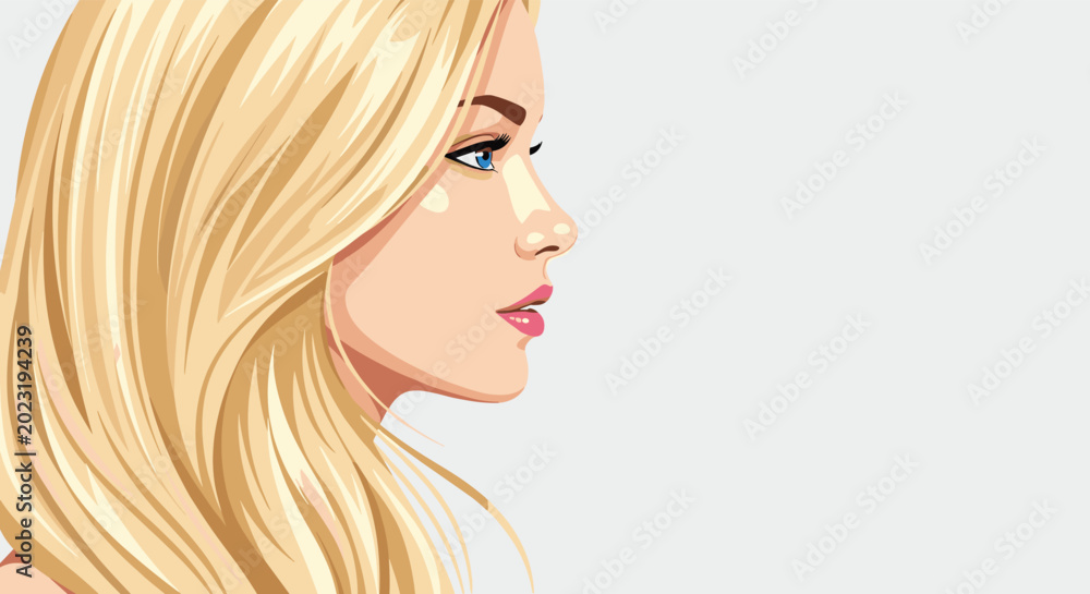 Obraz premium Beautiful illustration of a young woman with long flowing blonde hair and blue eyes shown in profile view against grey.