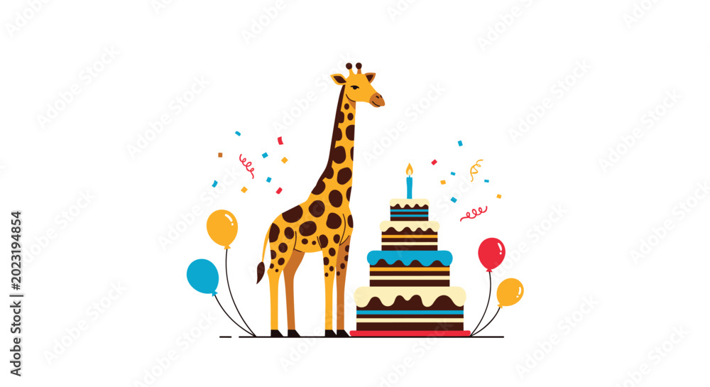 Fototapeta premium Tall giraffe standing next to a large three-tiered birthday cake with balloons and confetti on a clean white background for a party.