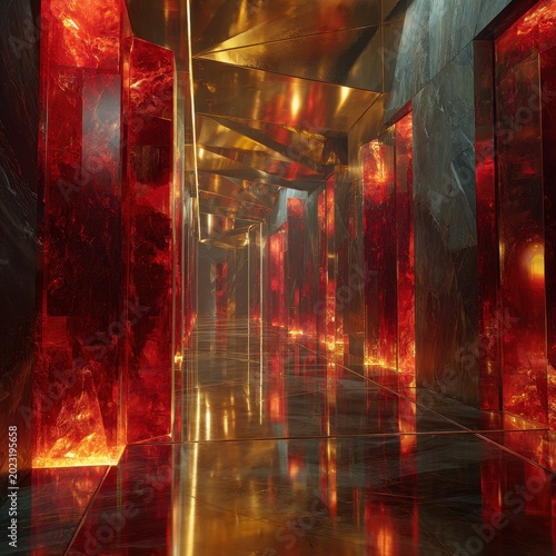 Futuristic corridor with glowing red crystal pillars and reflective marble floor