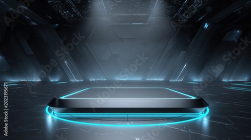 Futuristic empty stage with glowing neon blue light and geometric background
