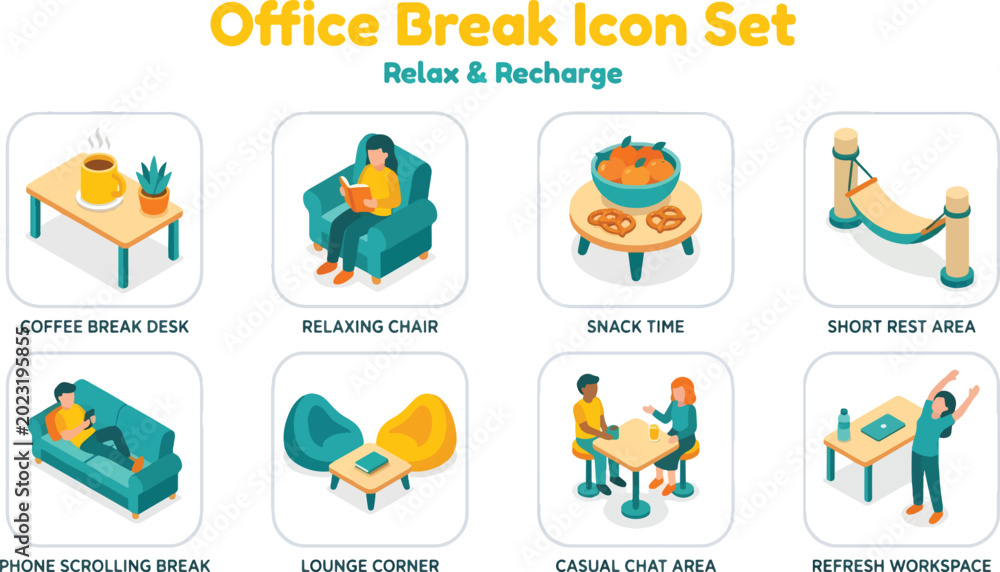 Fototapeta premium Office Break and Relaxation Icon Set for Workplace Wellness and Productivity