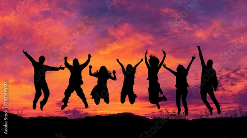 Group of friends jumping in the air against a vibrant sunset sky