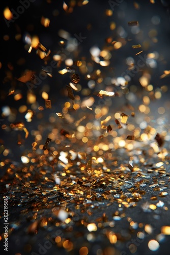 Sparkling golden glitter falling onto a dark surface creating a festive background