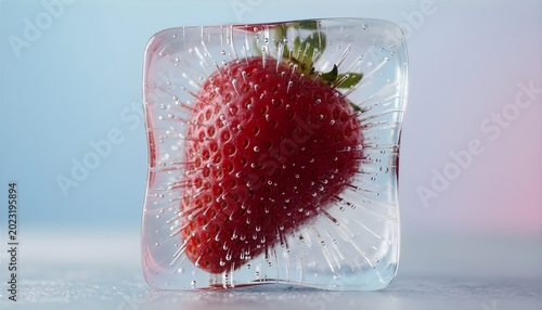 Frozen Strawberry Encased in Ice Cube with Creative Abstract Detail