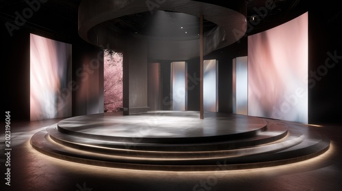 Modern circular stage with illuminated steps and abstract light panels featuring cherry blossoms