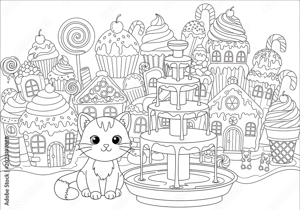 Fototapeta premium Cute Cat Coloring Page with Candy Village