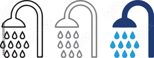 Set of bathroom shower head vector icons with water drops in flat solid and line art designs on transparent background for home sanitary concepts