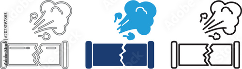 Set of burst pipe leaking gas vector icons with flat solid and line art designs on transparent background for plumbing and industrial damage concepts