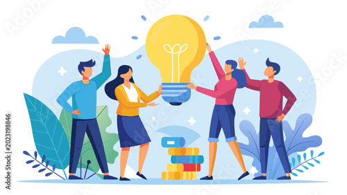 Team members passing a lightbulb to one another, depicting the role of shared knowledge and assistance in reaching achievements
