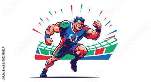 Canvas Print Muscular Athlete Running in Stadium Vector Illustration