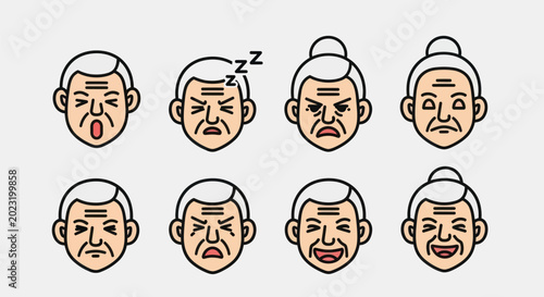 Billede på lærred Elderly face emotions set