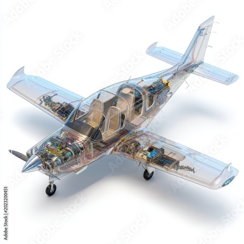 Detailed transparent airplane revealing complex internal mechanics and wiring on a clean white background
