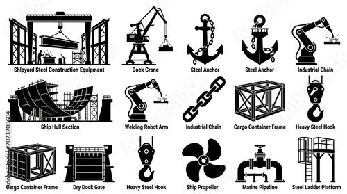 Silhouette vector icon set featuring shipyard steel construction equipment  dock crane  steel anchor  ship hull section  welding robot arm  industrial chain  cargo container frame  dry dock gate 