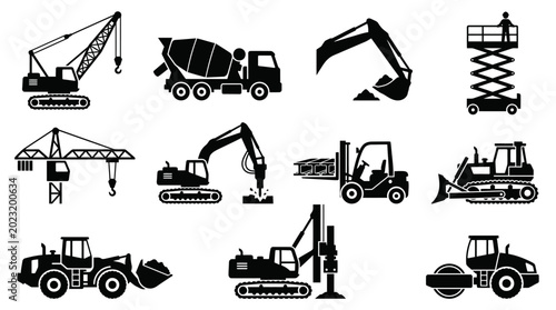 Silhouette vector icon set featuring industrial construction machinery  crawler crane  concrete mixer truck  steel excavator bucket  mobile lifting platform  tower crane cabin  demolition hammer  fork