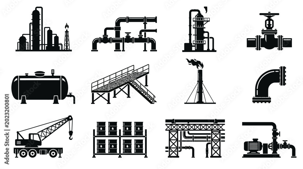Obraz premium Silhouette vector icon set featuring oil refinery steel infrastructure industrial pipeline refinery tower pressure valve storage tank steel catwalk industrial flare stack pipe elbow connector 