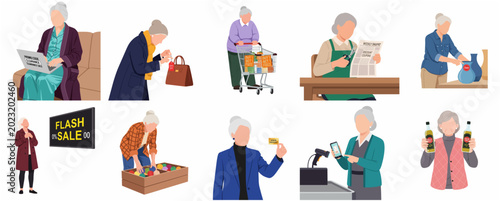 Foto Senior Woman Shopping and Saving Money with Coupons and Discounts Flat Vector Il