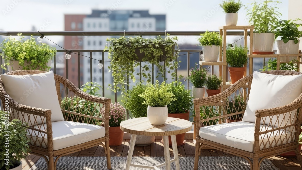 Fototapeta premium Modern rooftop terrace with rattan furniture and city view in daylight