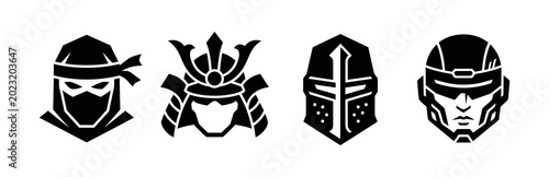 Collection of diverse warrior and futuristic helmets, including ninja, samurai, medieval, and cybernetic styles