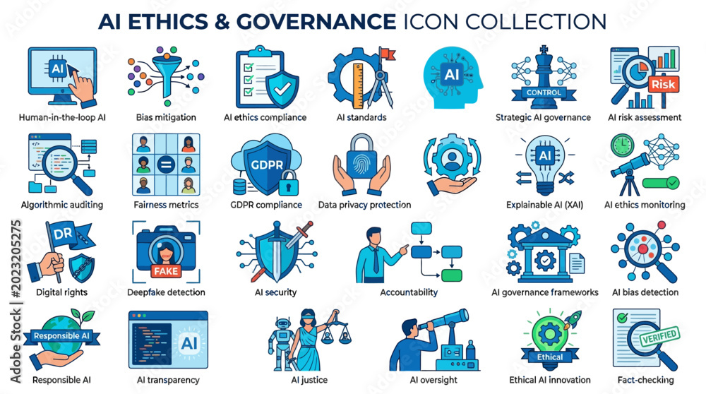 Fototapeta premium AI ethics and governance icon collection