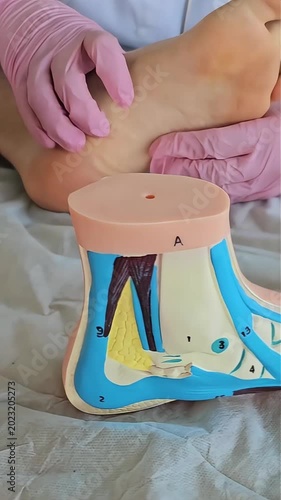 Foot examination and therapy session with a model and a patient in a medical office setting