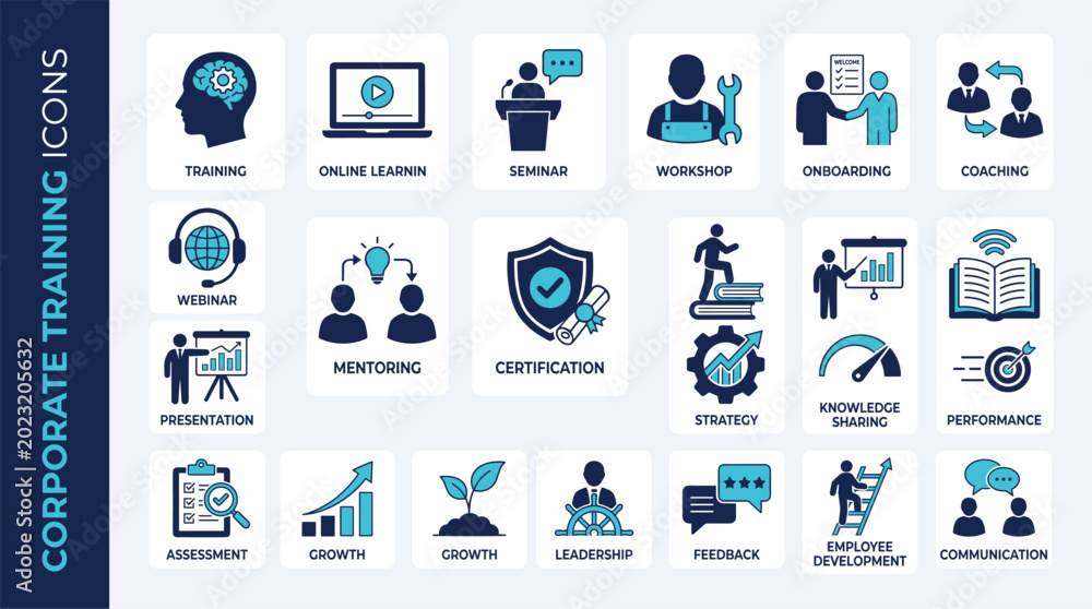 Fototapeta premium Corporate training icons set with business growth and employee development concepts in blue and teal tones