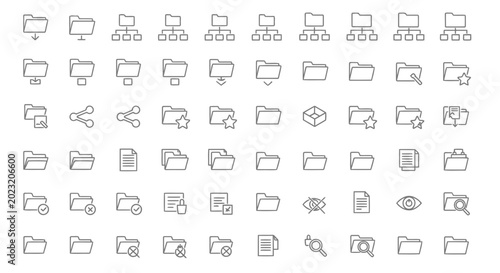 Canvas Print Set of outline folder icons with various actions like download, upload, sharing, search, delete and more