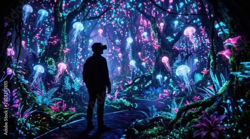 Person standing in magical bioluminescent forest