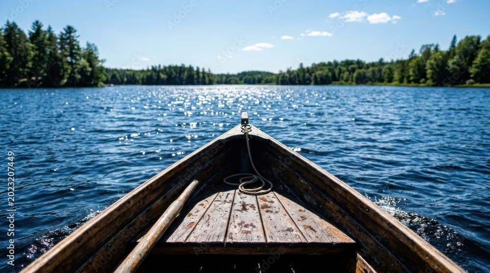 Obraz premium Wooden Boat on Peaceful Blue Lake