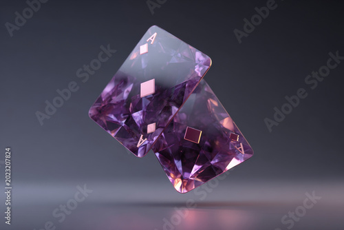 Two floating purple diamond playing cards with the Ace symbol displayed prominently, set against a dark gradient background highlighting their reflective surfaces