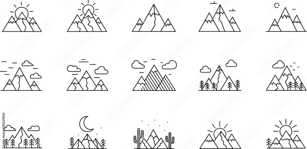 Fototapeta premium Mountain landscape line icon set featuring nature peaks outdoor travel adventure sun clouds trees and wilderness symbols