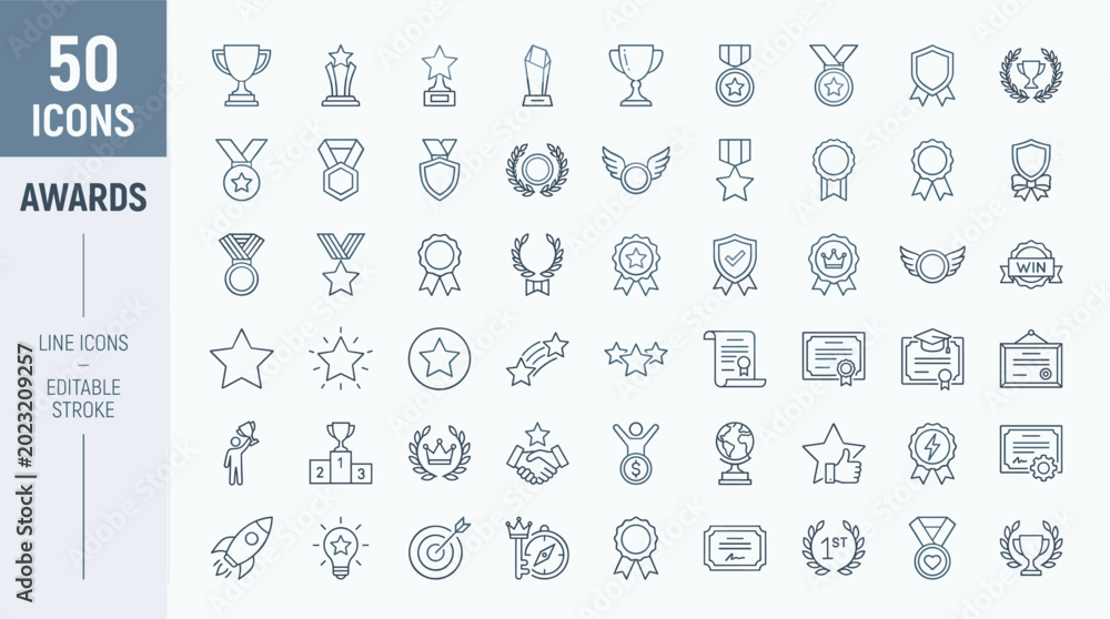 Αυτοκόλλητο Collection of fifty line icons representing awards and achievements in a clean e