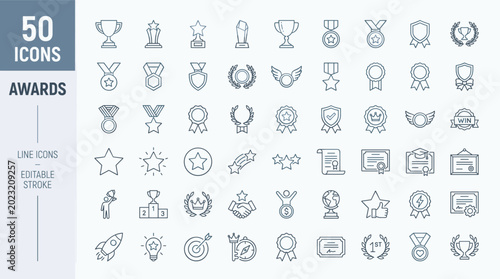 Foto Collection of fifty line icons representing awards and achievements in a clean e