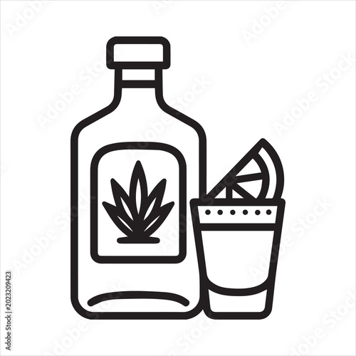 Tableau sur toile Tequila bottle with shot glass outline icon vector.