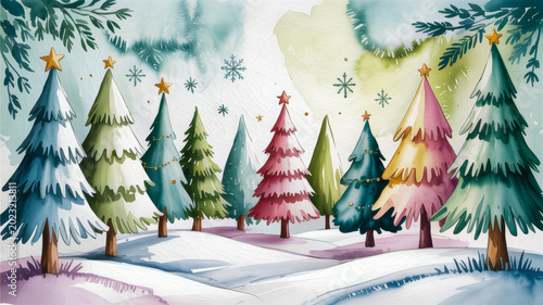 Beautiful watercolor illustration featuring a festive forest of colorful christmas trees decorated with golden stars and falling snowflakes in a whimsical winter wonderland holiday art scene