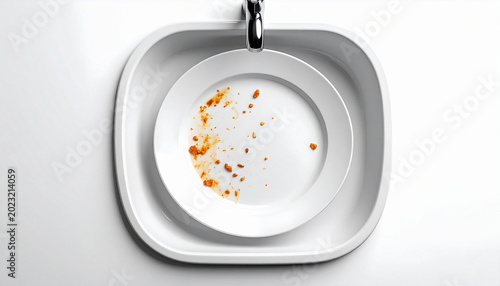 Dirty white plate with food remnants inside a kitchen sink top view. 