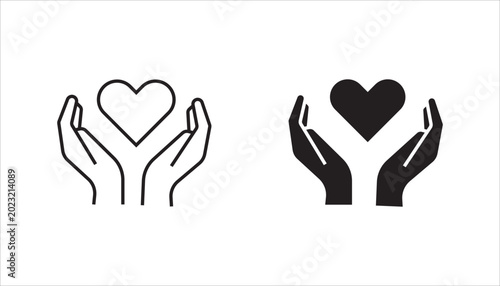 Outline vector icon of caring hands holding a heart symbolizing love, protection, healthcare, support, and charity. Perfect for medical, wellness, nonprofit, and emotional care design concepts.