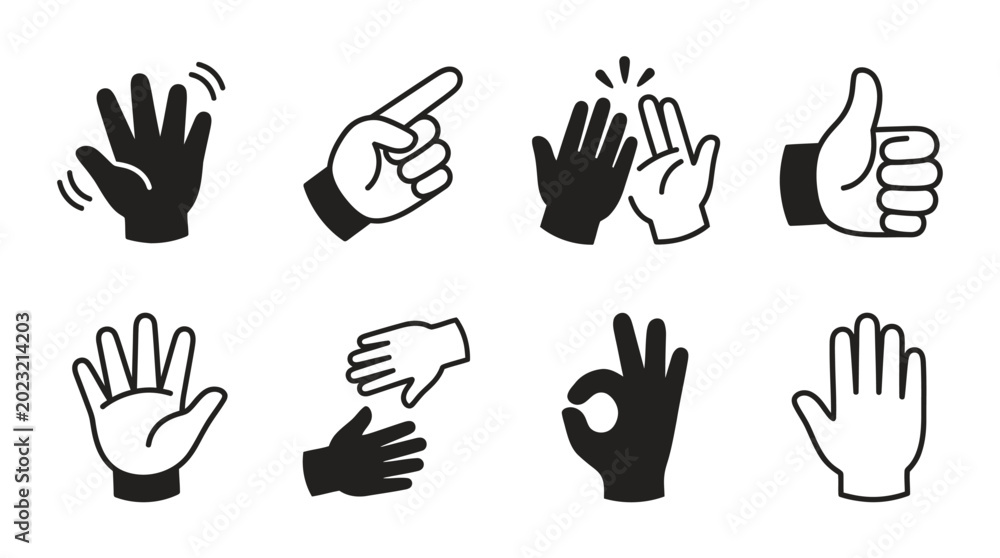 Fototapeta premium Set of Hand Gestures Icons: Waving, Pointing, High Five, Thumbs Up, Open Palm, Okay Sign