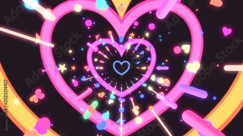 Neon heart-shaped tunnel with glowing stars and light streaks motion graphics. (loop)