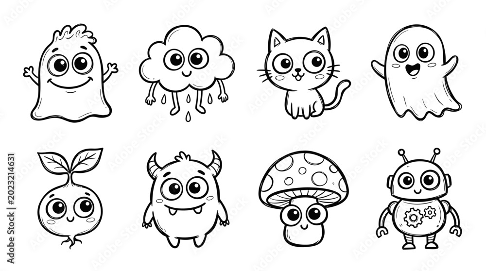 Fototapeta premium Cute Hand-Drawn Monsters, Cat, Ghost, Cloud, Robot, Mushroom, Root Vegetable