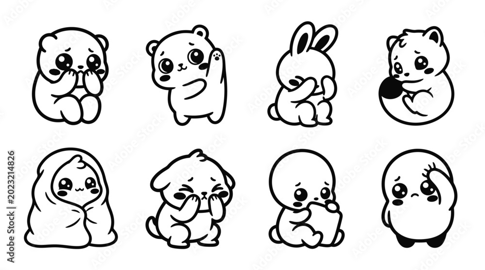 Obraz premium Cute Sad Kawaii Animals Collection: Panda, Bunny, Dog, Bear, Penguin