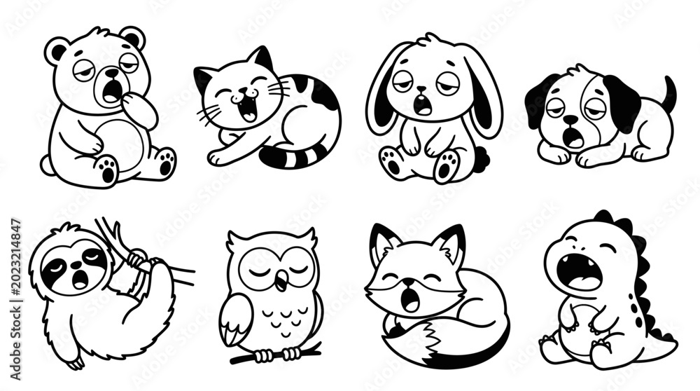 Obraz premium Cute sleepy cartoon animals yawning and tired, set of icons