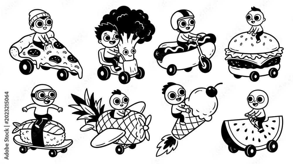 Fototapeta premium Cute cartoon kids riding food vehicles: pizza, broccoli, burger, hotdog, sushi, pineapple, ice cream, watermelon