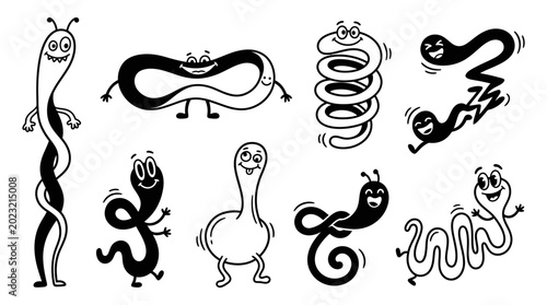 Foto Funny Cartoon Worms and Caterpillars Collection, Black and White