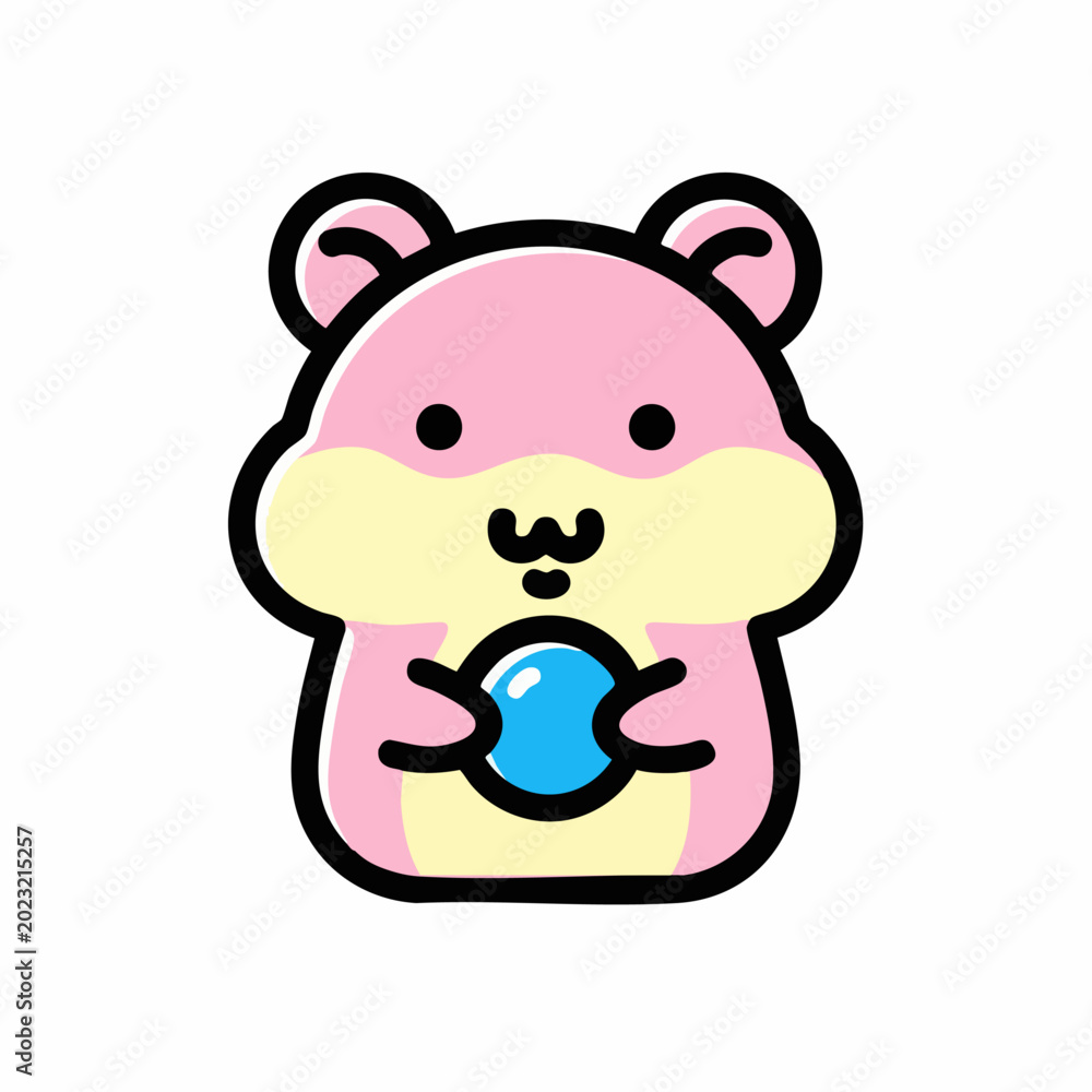 Fototapeta premium Cute cartoon hamster holding a blue ball with a pink body.