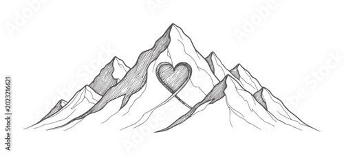 Canvas Print Hand drawn mountain range with heart symbol in center love nature peak