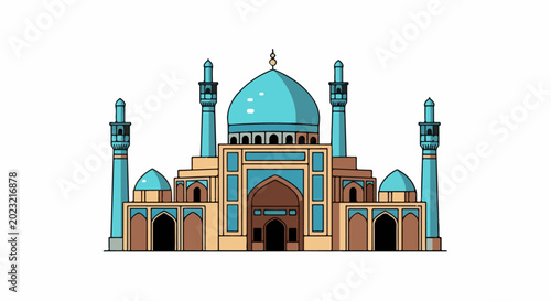 Blue-domed structure with tall minarets and intricate archways, rendered in flat style