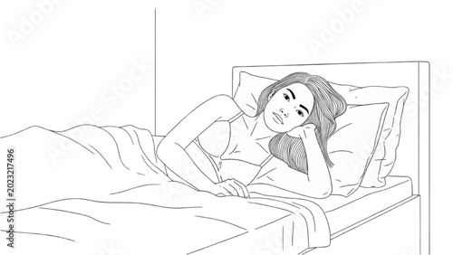 Schilderij op canvas Woman relaxing on bed with 2D CAD designed headboard and pillows
